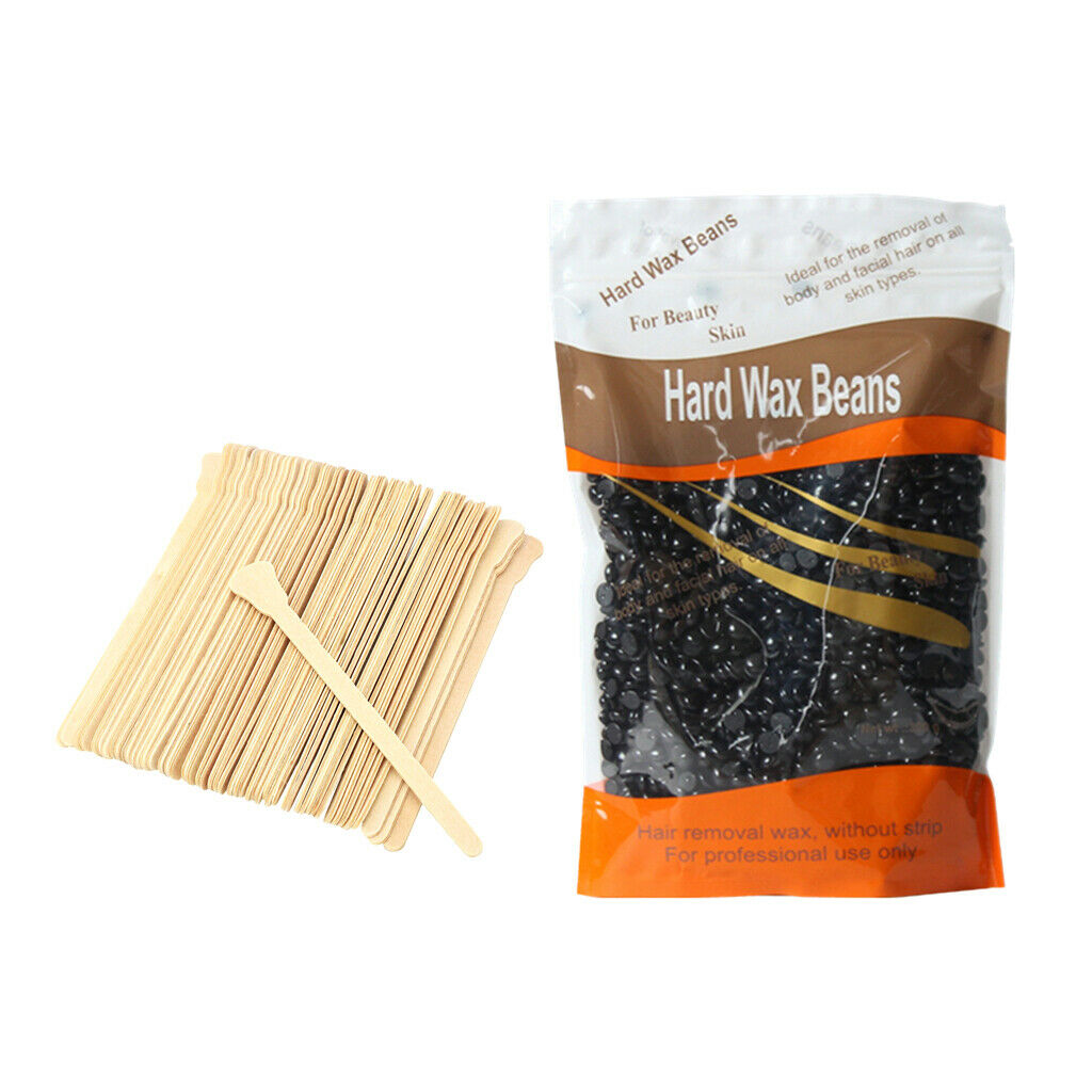 Depilatory Hard Wax Beans Beads Pellet Hair Removal with 50Pcs Wood Sticks