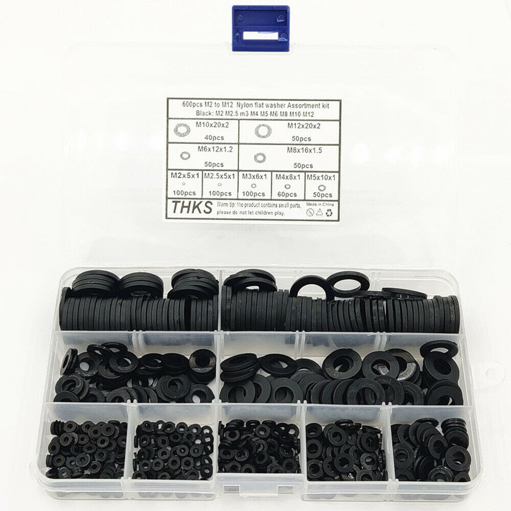 M2-M12 + Box Black Nylon Flat Washers Gasket Assortment Kit 600Pcs 9 Sizes