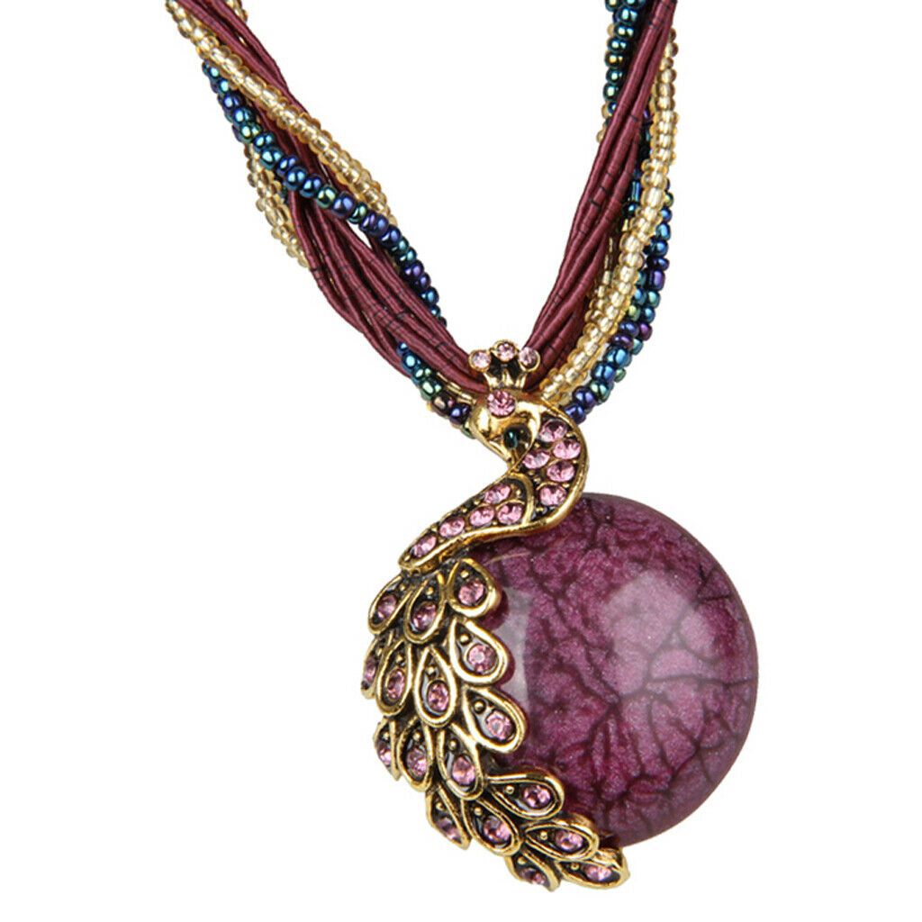 Bohemian Opal Necklace with Phoenix Peacock Pendant Jewel Accessory  Purple