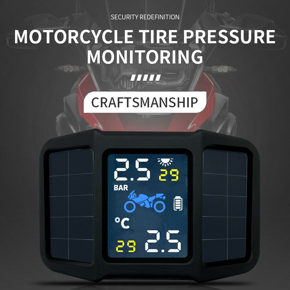 Motorcycle Tire Pressure Monitoring System TPMS Solar Power w/ 2 External Sensor