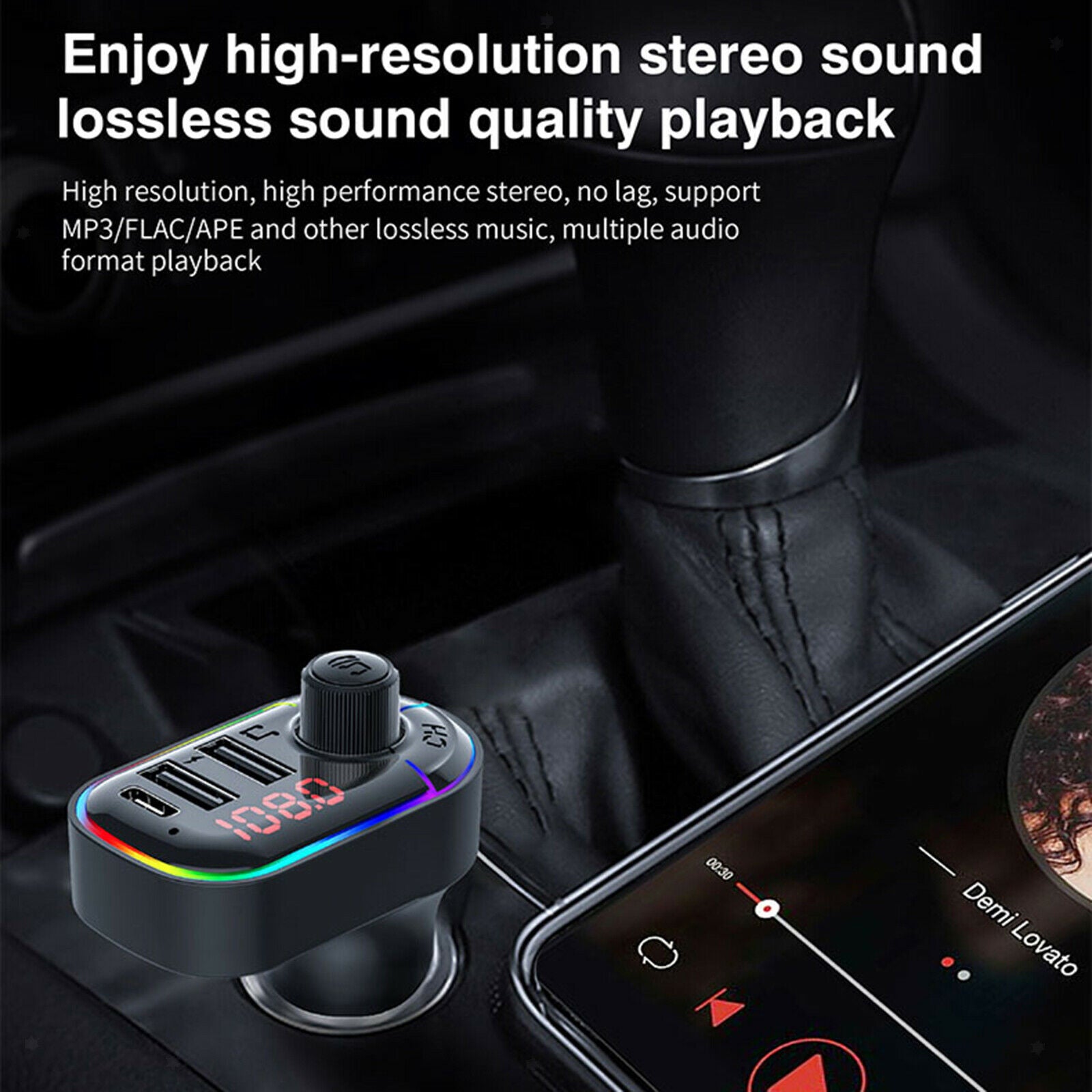 Bluetooth Fast Car Charger FM Transmitter 7 Color LED Light Dual USB Port