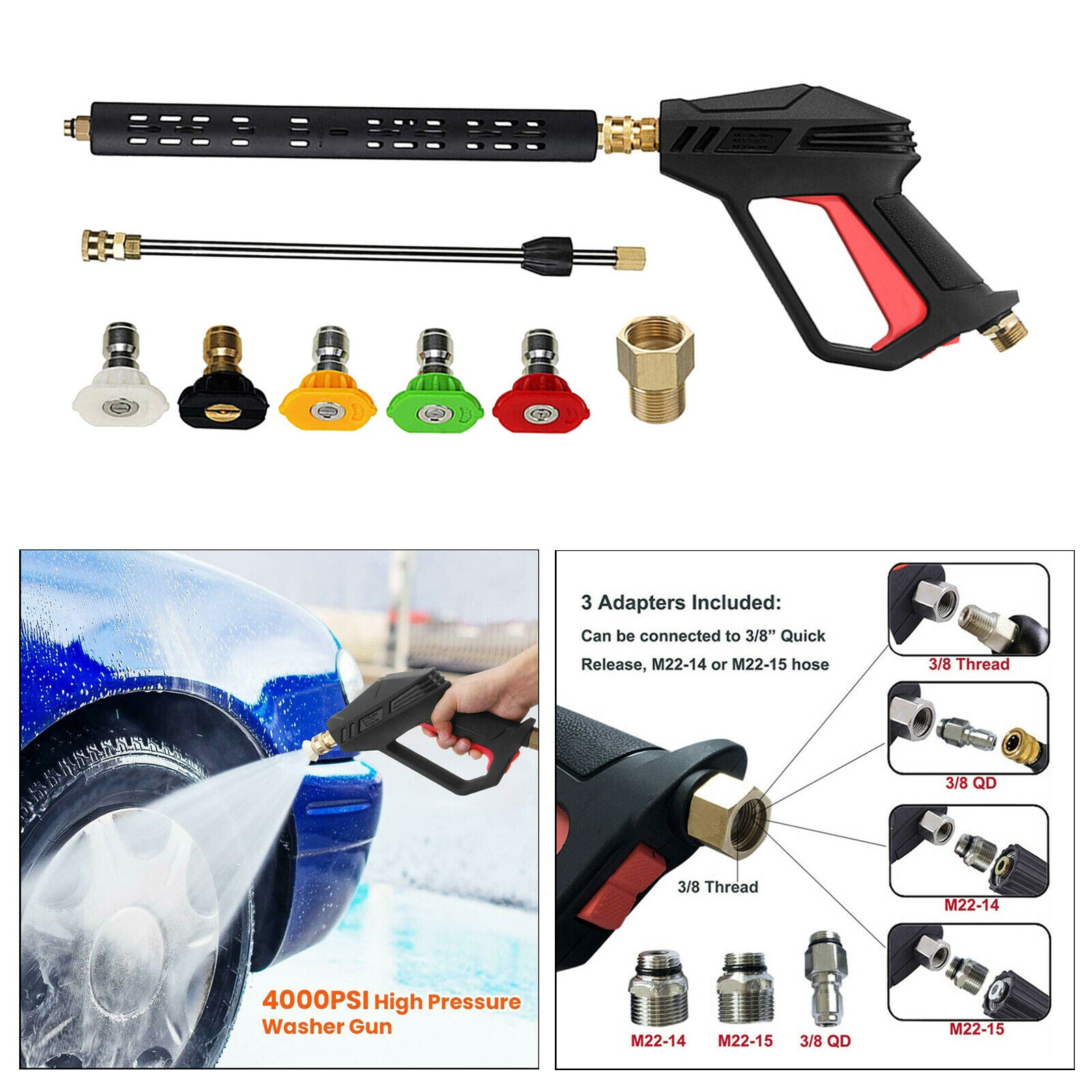 4000 PSI High Pressure Power Washer Spray Gun Wand Lance Nozzle Tips Kit
