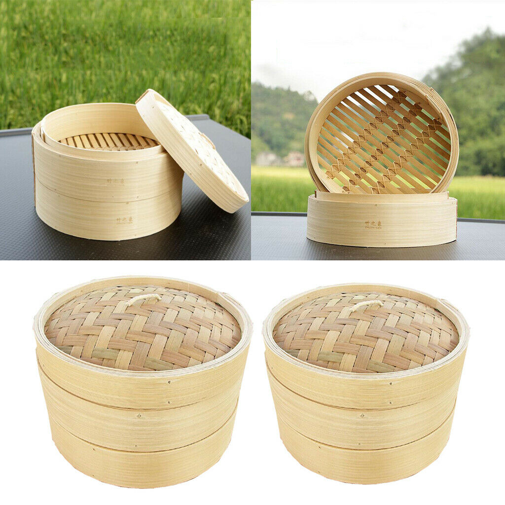 2PC Handmade Bamboo Steamer Basket for Dumpling Food Seafood Steamer Lid Cookers
