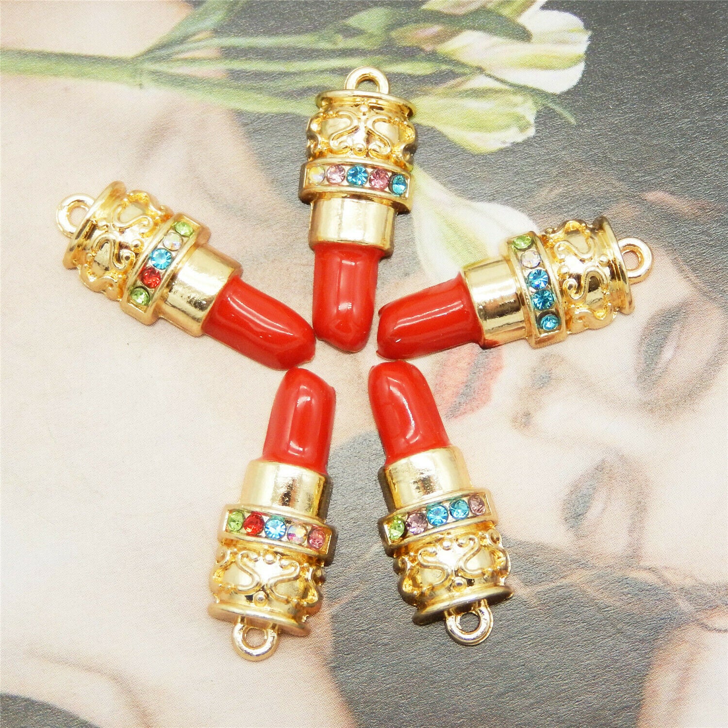 10 pcs Metal Lipstick Enamel Charm Zircon Crystal Pendant Earring Craft 26*10mm