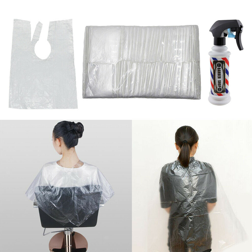 100pcs Disposable Hair Cutting Capes + Spray Bottle Gowns Barber Shop Apron
