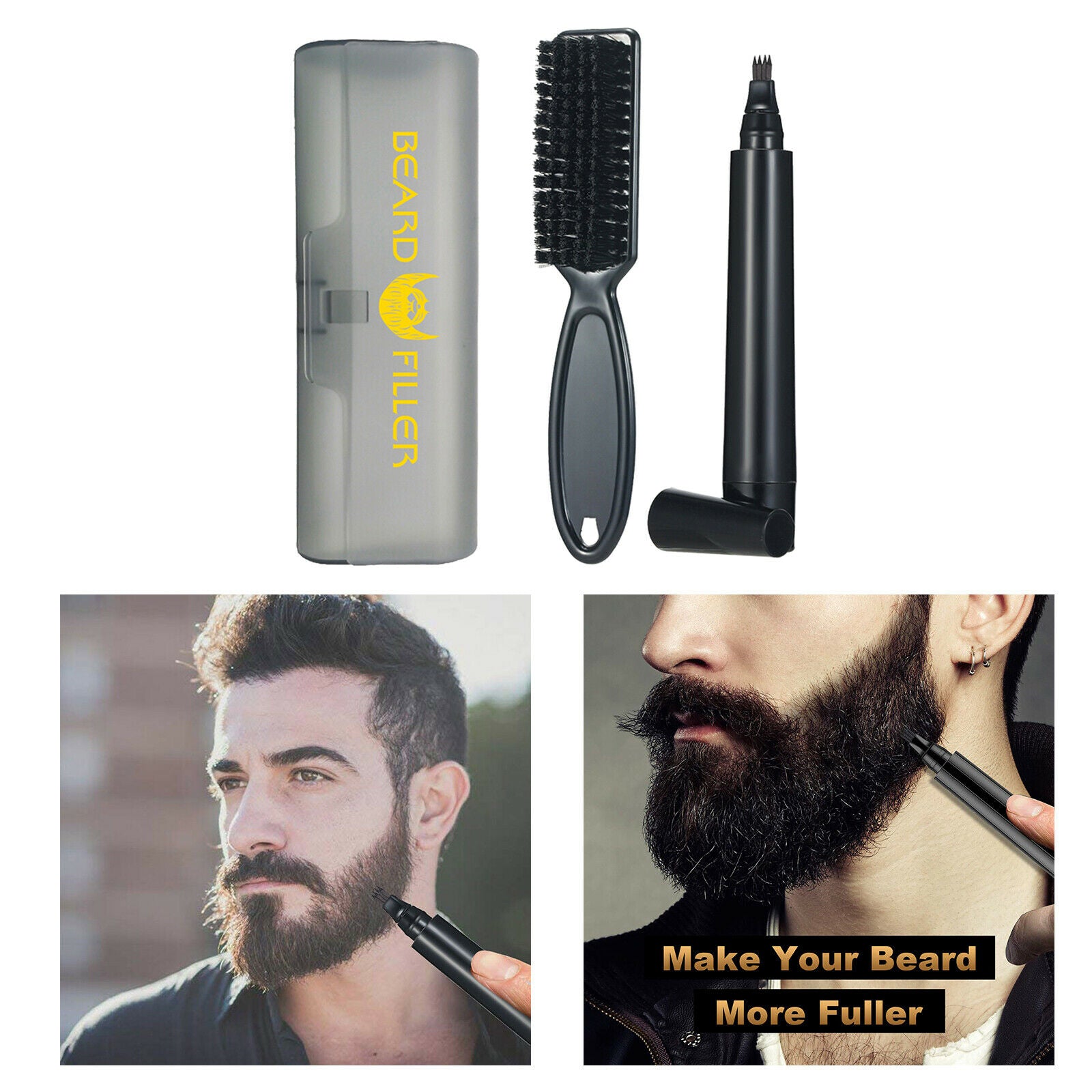 Beard For Men Set Beard Pen & Beard Brush Sweat Proof Solution dark brown