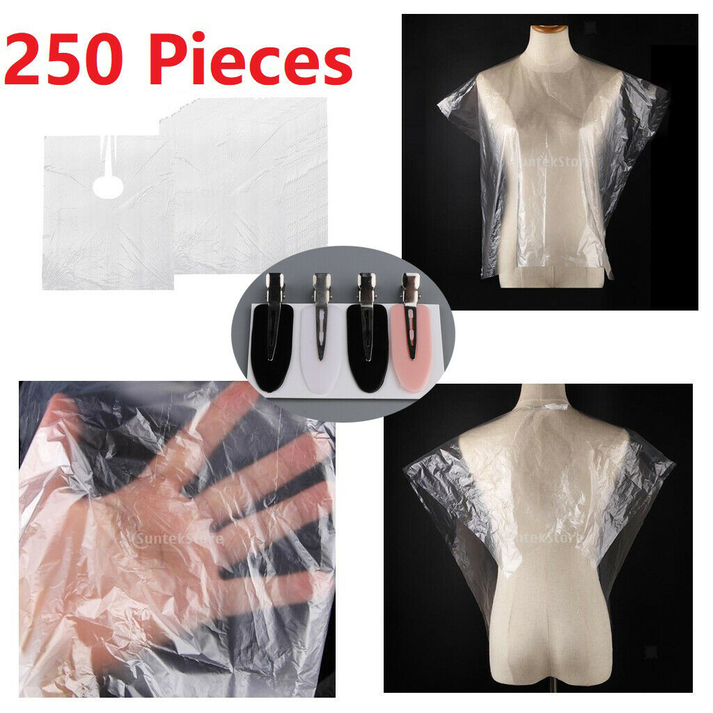 250Pcs Disposable Hairdressing Clear Barber Shop Home Shawls Apron + 4pcs Clips