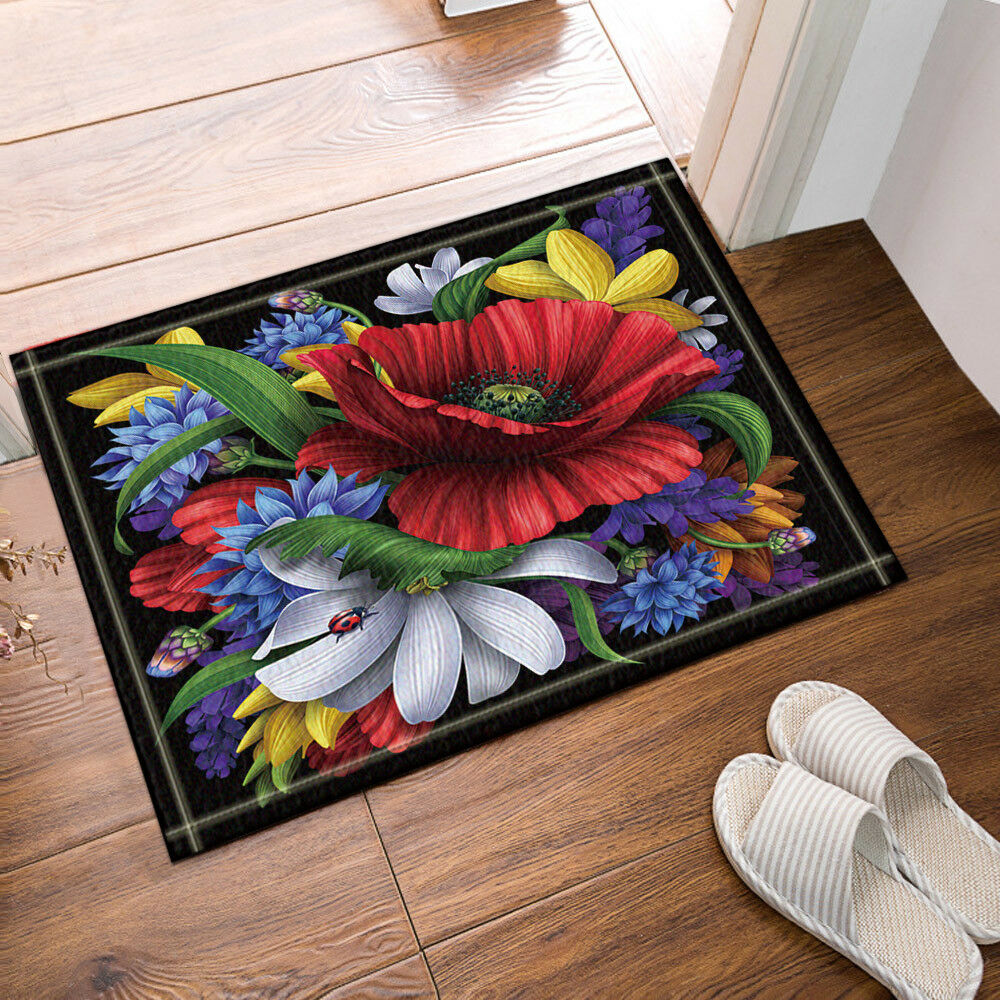 Large Red Wild Flower Bathroom Rug Non-Slip Floor Indoor Front Door Mat 16x24"