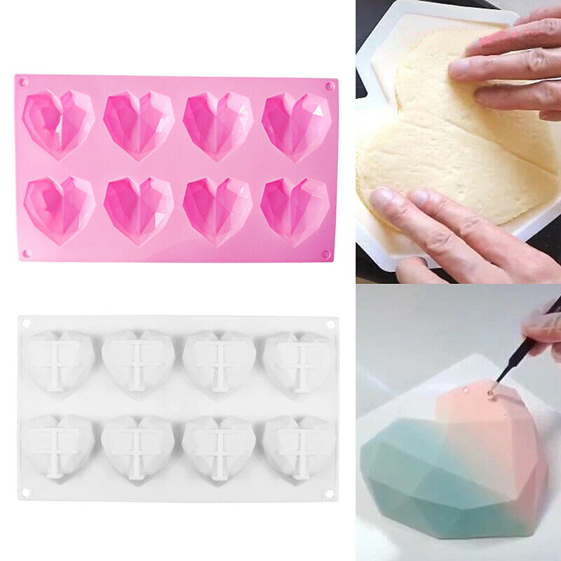 8-Cavity Diamond Love Heart-Shaped Silicone Molds Cake Mousse Chocolate D.l8