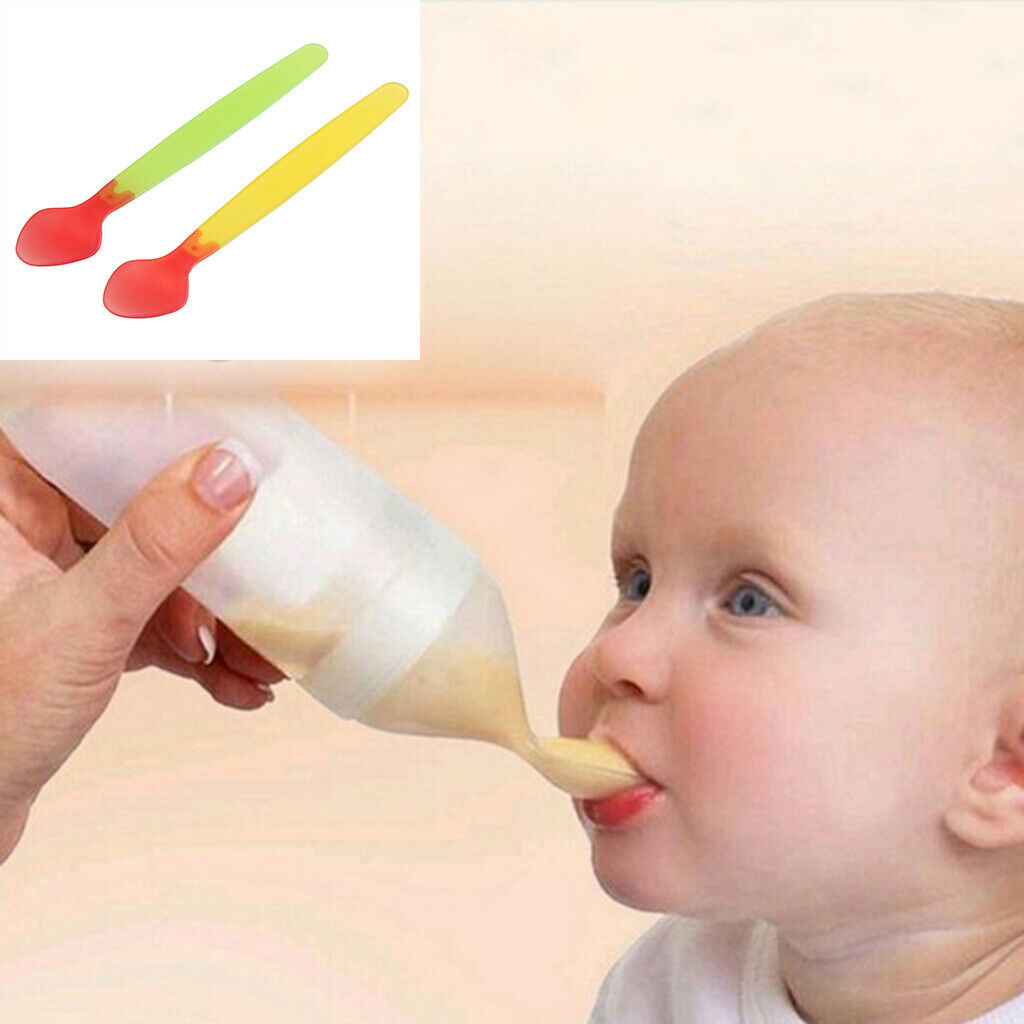 Kids Baby Silicone Feeding With Spoon Feeder Food Bottle+Heat Sensing Spoon