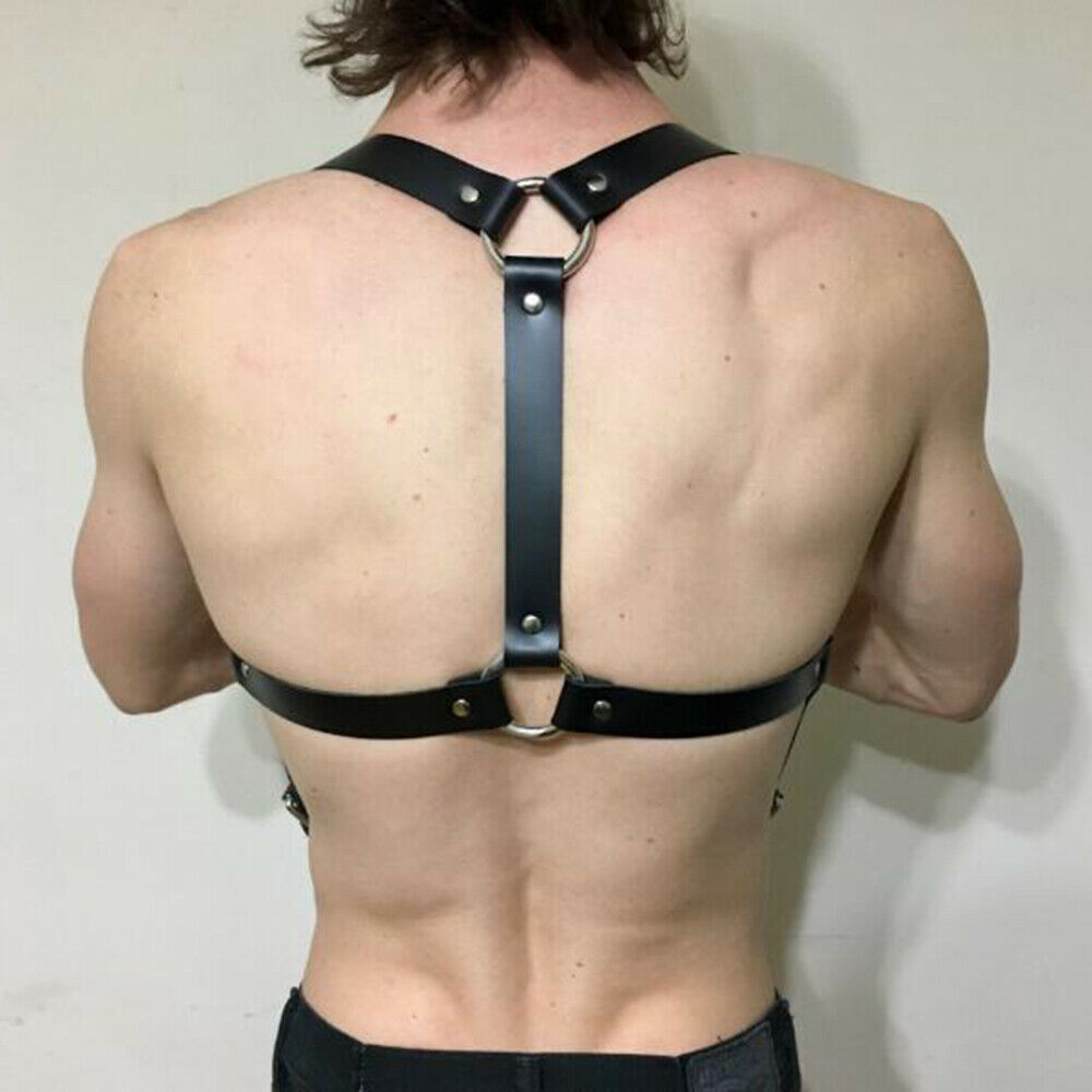 Men's Faux Leather Adjustable Shoulder Braces Bondage Belt Strap Ornament Black