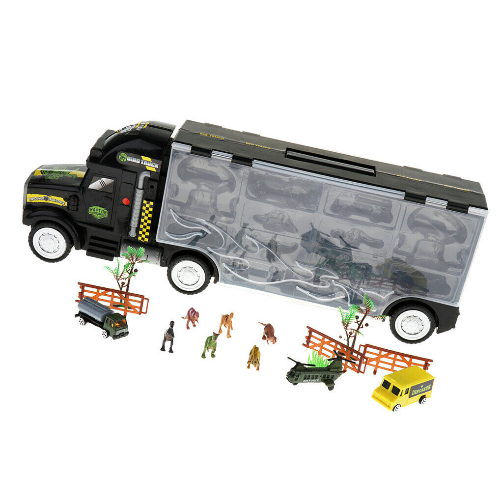 Pack of 16 Dinosaur Truck Carrier with Dinosaur Figures, Cars, Airplane and