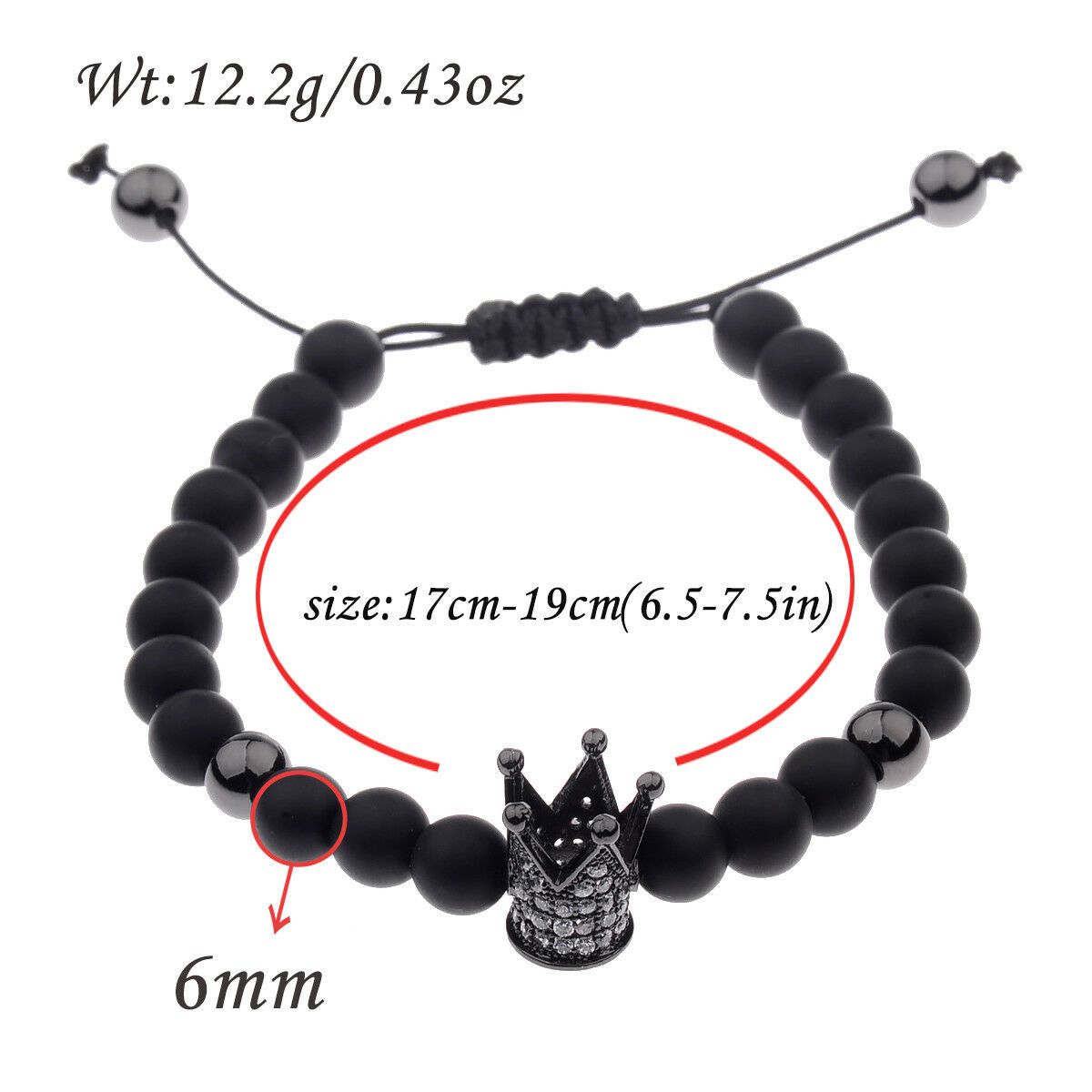Charm Men Cubic Zircon 24kt Black Plated Crown Bracelet Bead Macrame Bracelets