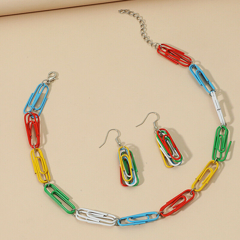 Punk Colorful Paper Clip Pendant Clavicle Chain Earring Alloy Suit Women Jewelry