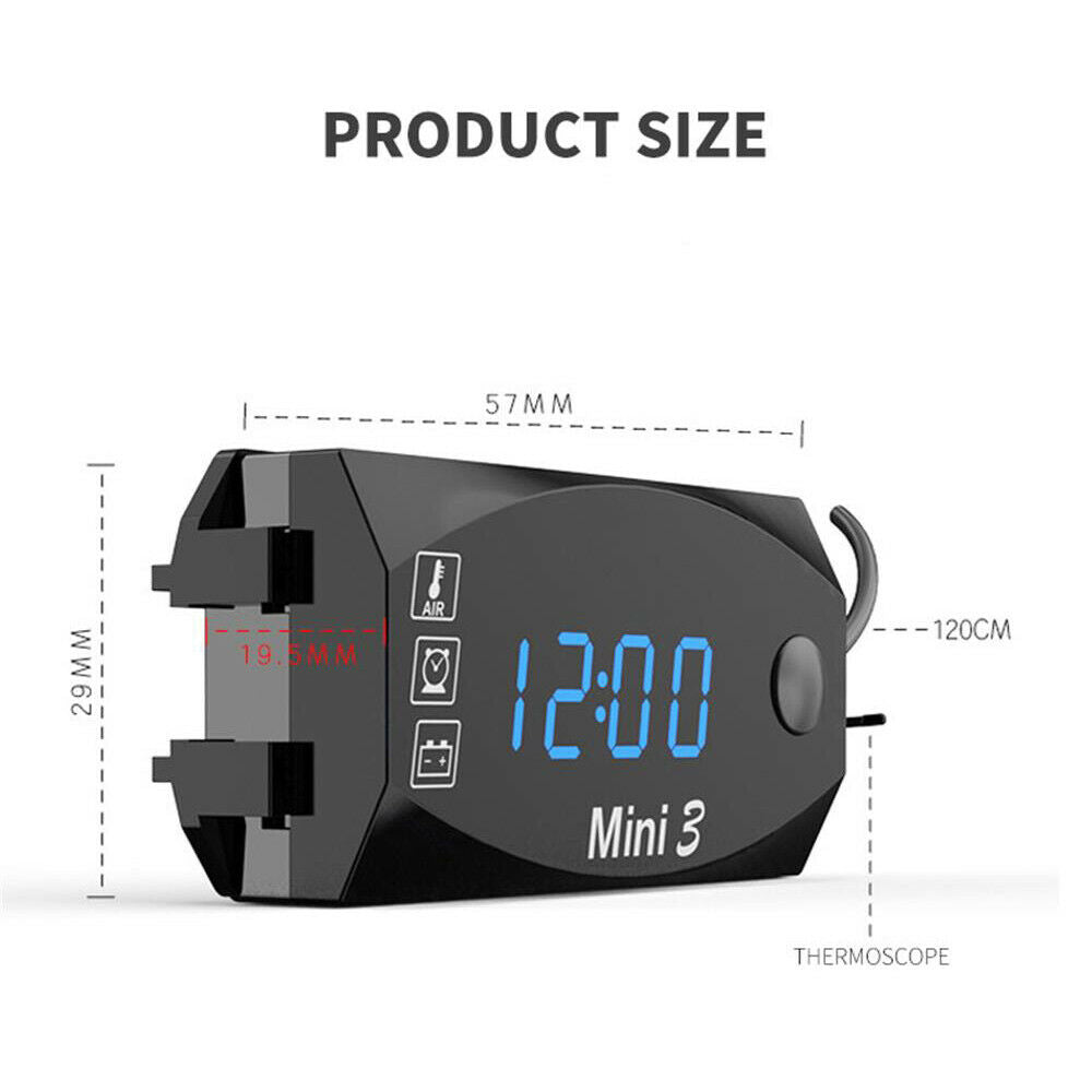 3-in-1 Motorcycle Clock VoltageThermometer &Voltmeter LED Display DC 6V-30V IP67