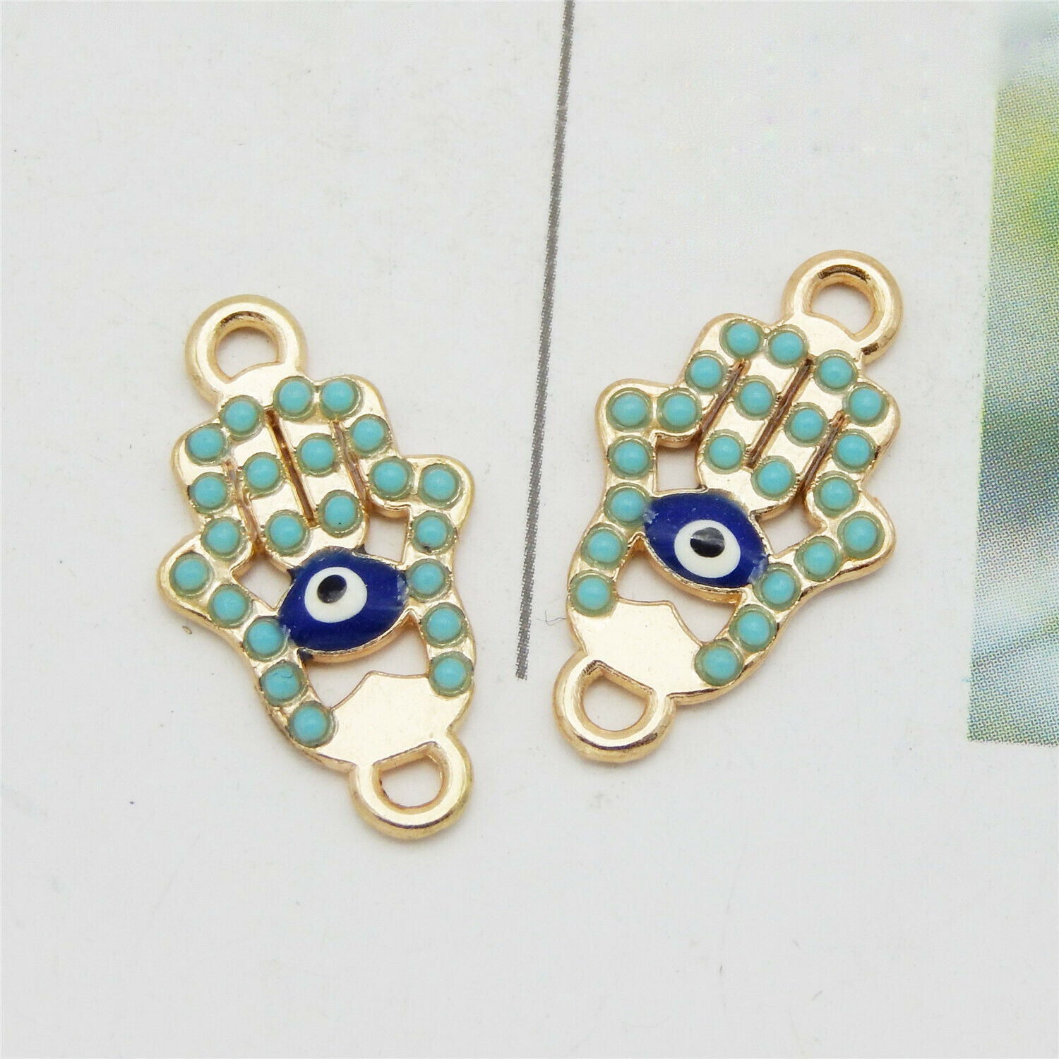 12 Alloy Rhinestone Enamel Hand Charm Evil Eye Pendant Connector Making 22X12mm