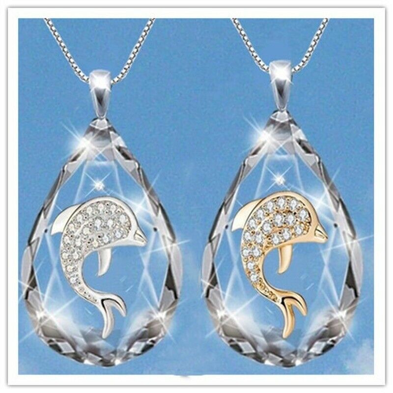 Fashion Water Drop Crystal Dolphin Pendant Necklace Engagement Jewelry Gifts