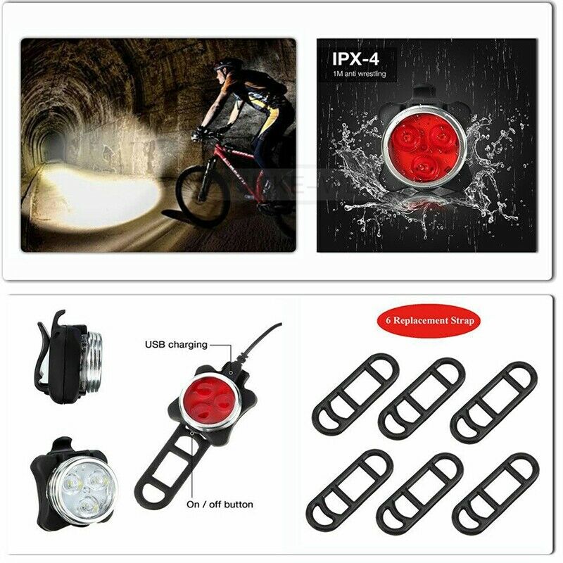 2x LED USB Rechargeable Cycling Bicycle Bike Head Front Rear Tail Light Lamp Set
