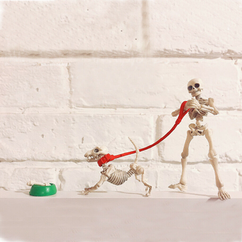 Skeleton Dog Figures Child Toys Halloween Home Decor Photo w/ Bowl Bone