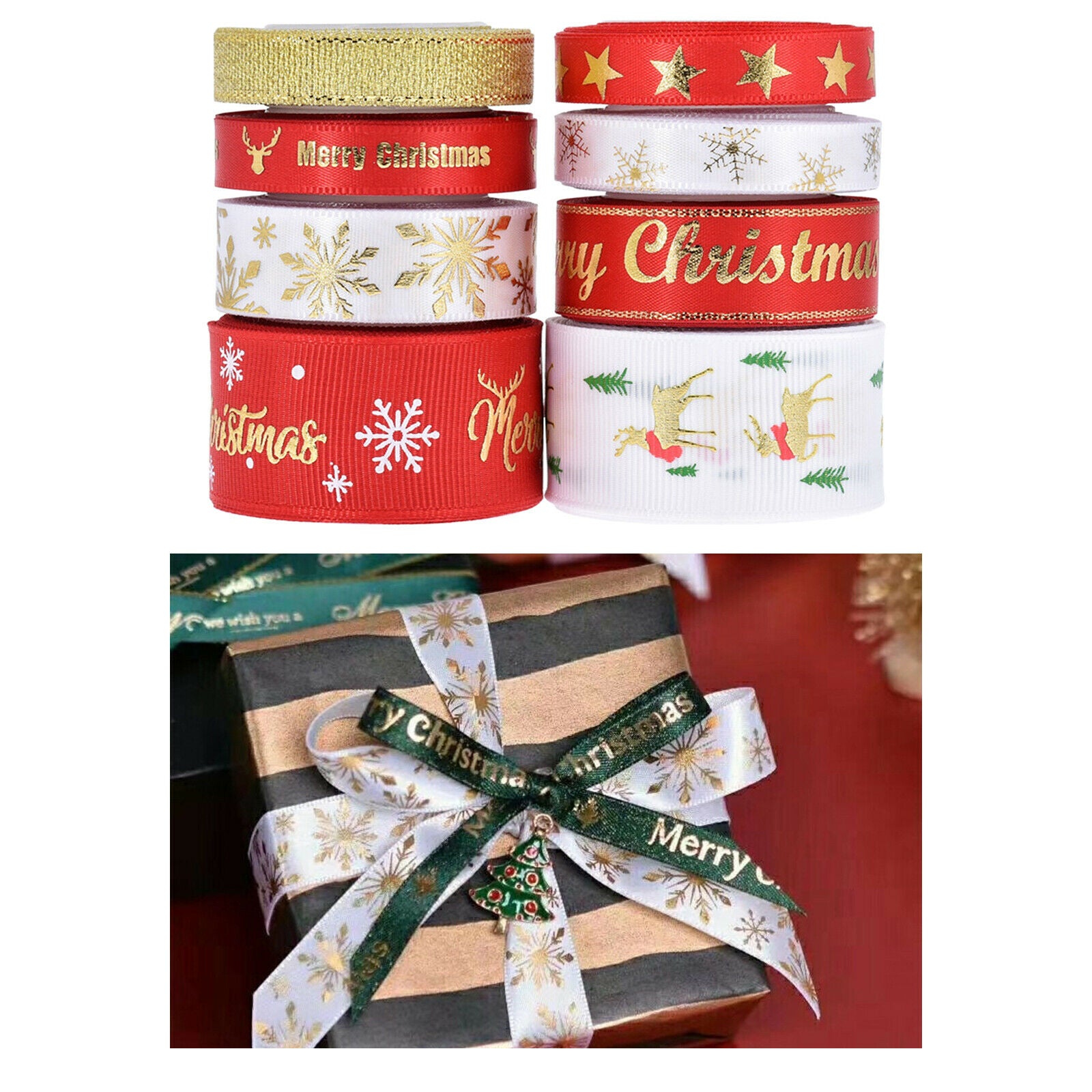 8Roll Christmas Ribbon Grosgrain Stain Trimming Gift Wrapping Wedding Season