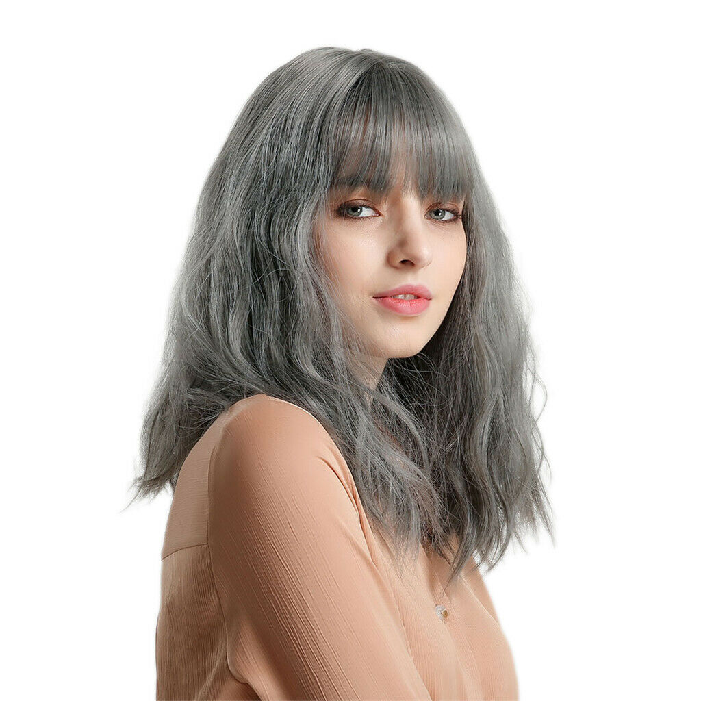 16'' Grayish Blue Female Meidum Wavy Bob Wig Synthetic Anime Wigs With Bangs
