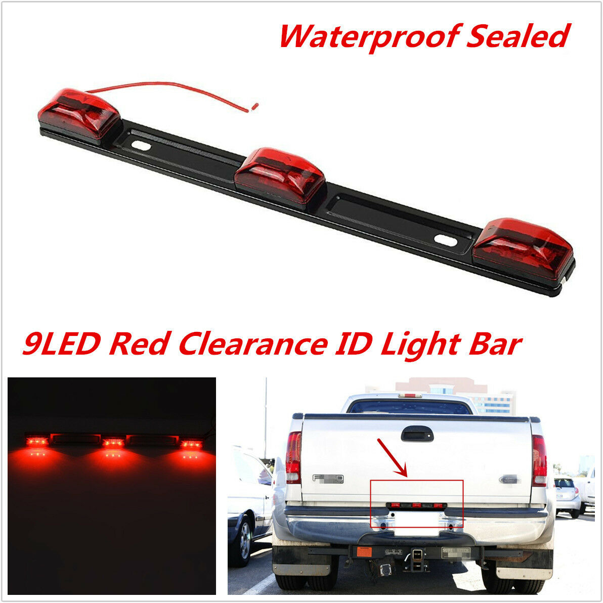 Red 9LED Clearance ID Light Bar Tail Lamp Stainless Steel For Car Truck Trailer