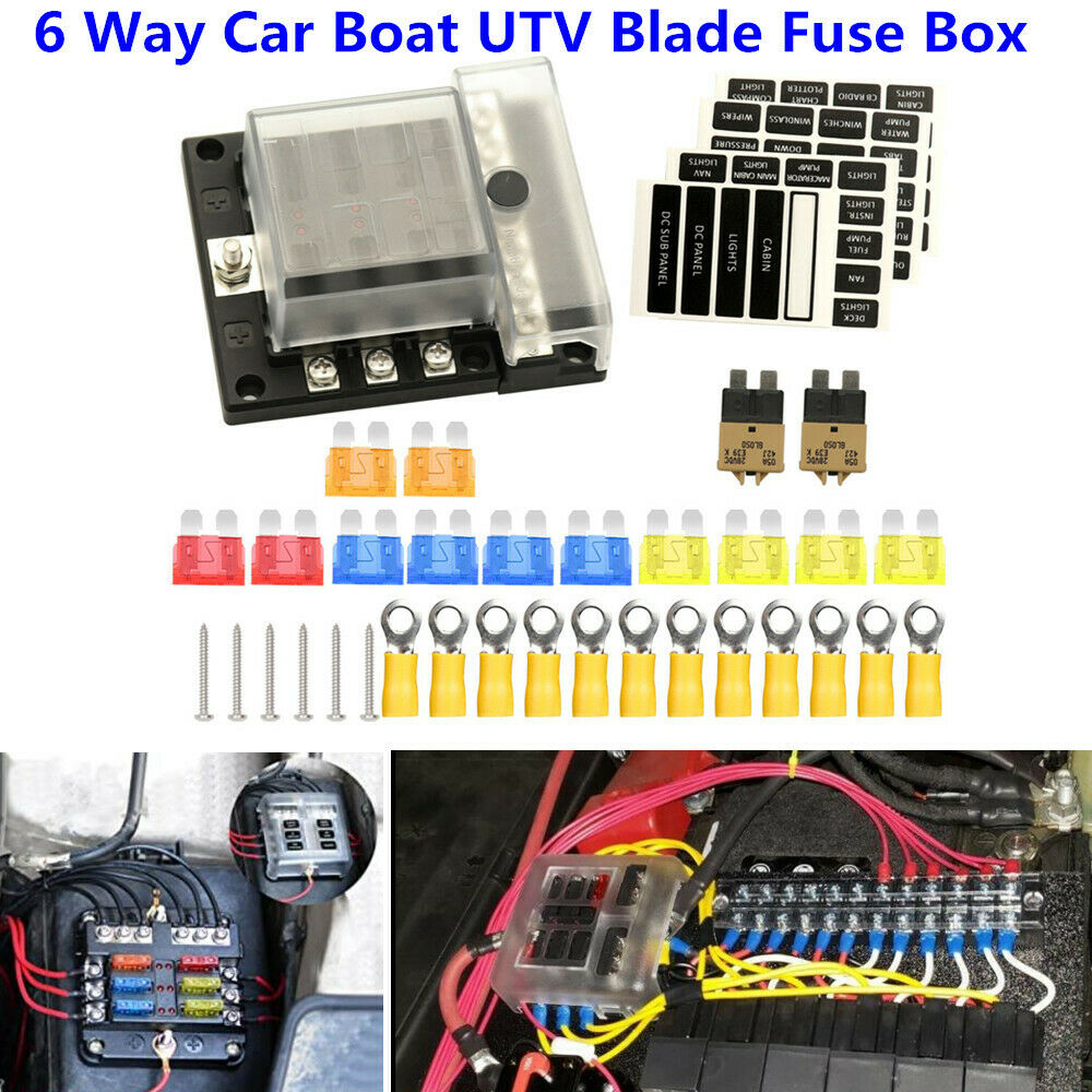 6-Way Fuse Box Blade Fuse Block Holder Screw Nut Terminal W/Negative Bus LED Kit