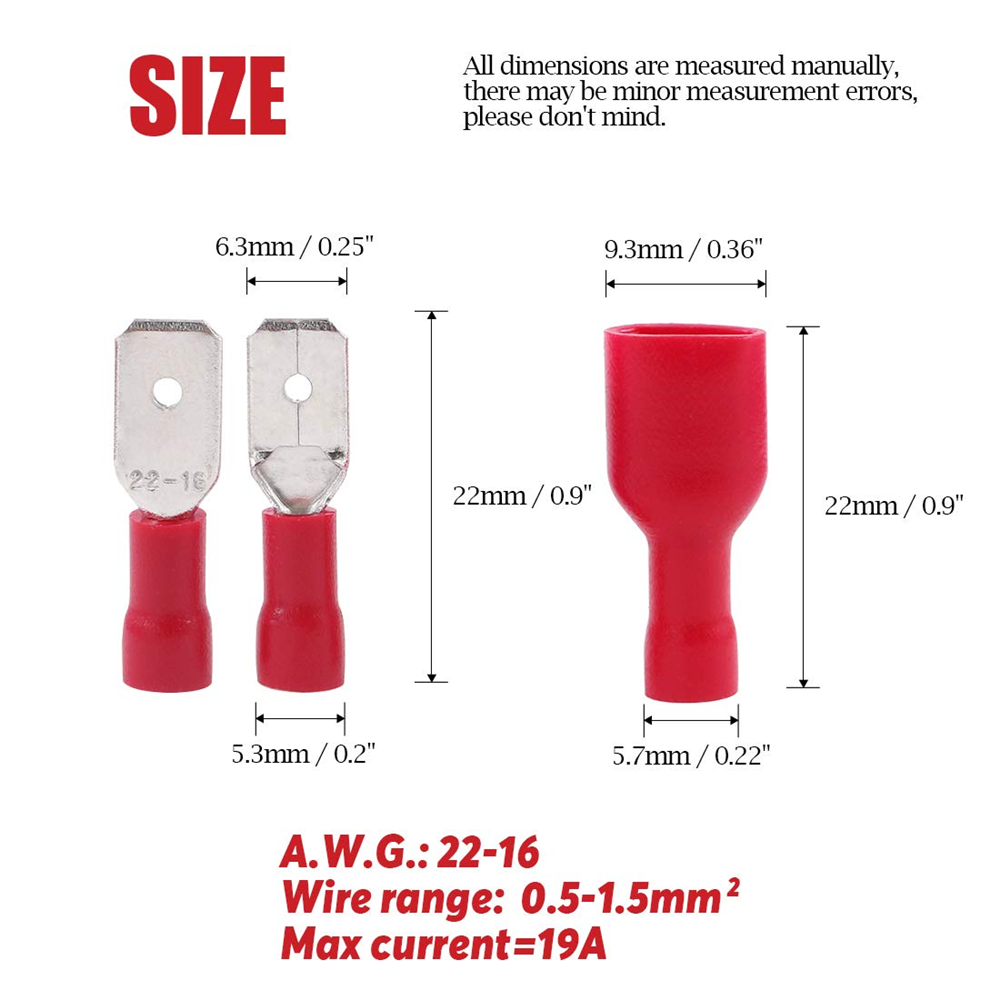 200PCS Red Male Female Vinyl Insulated Spade Wire Connector Terminals 22-16AWG