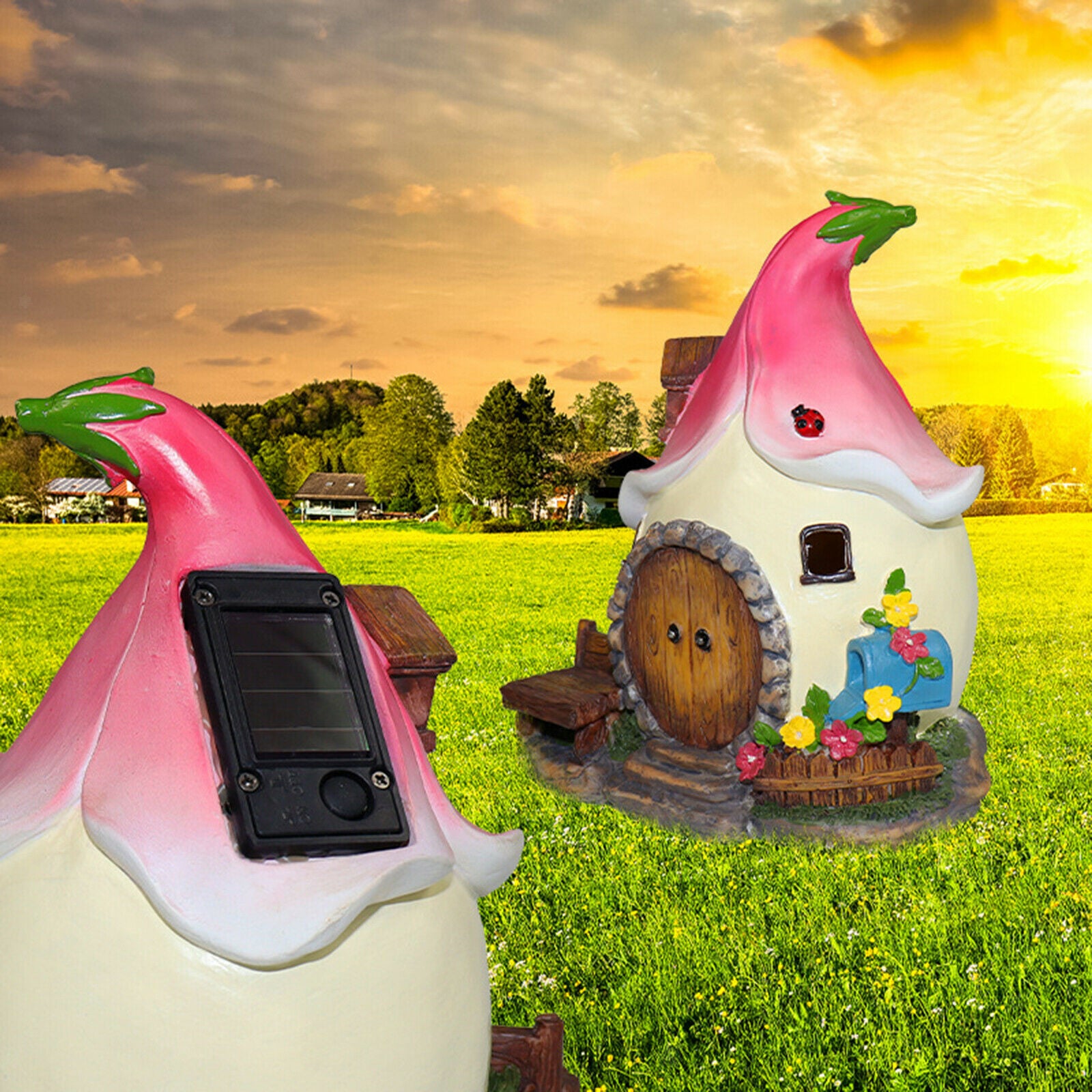 Mini Solar Power Lighted Fairy House Statue Outdoor Fairy Garden Ornament