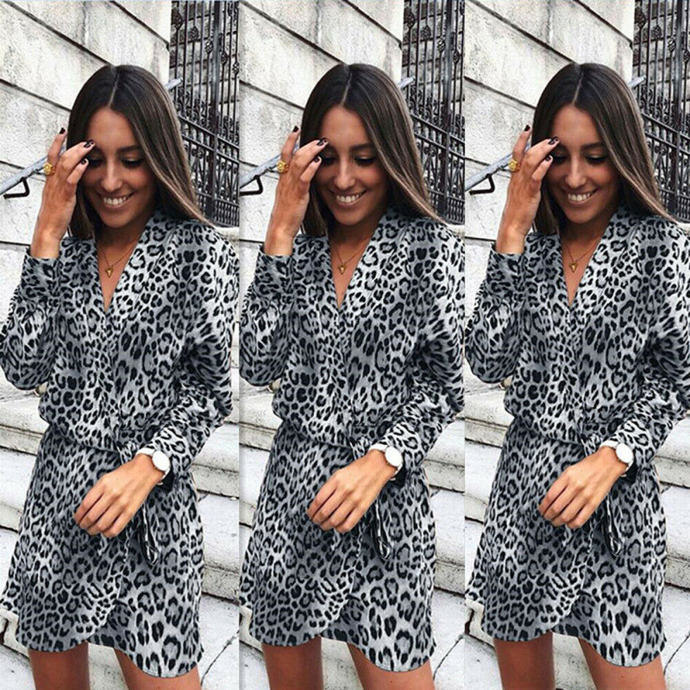 Fashion Women"s Leopard Sexy V-Neck Long Sleeve Mini Party Club Summer DressesUS