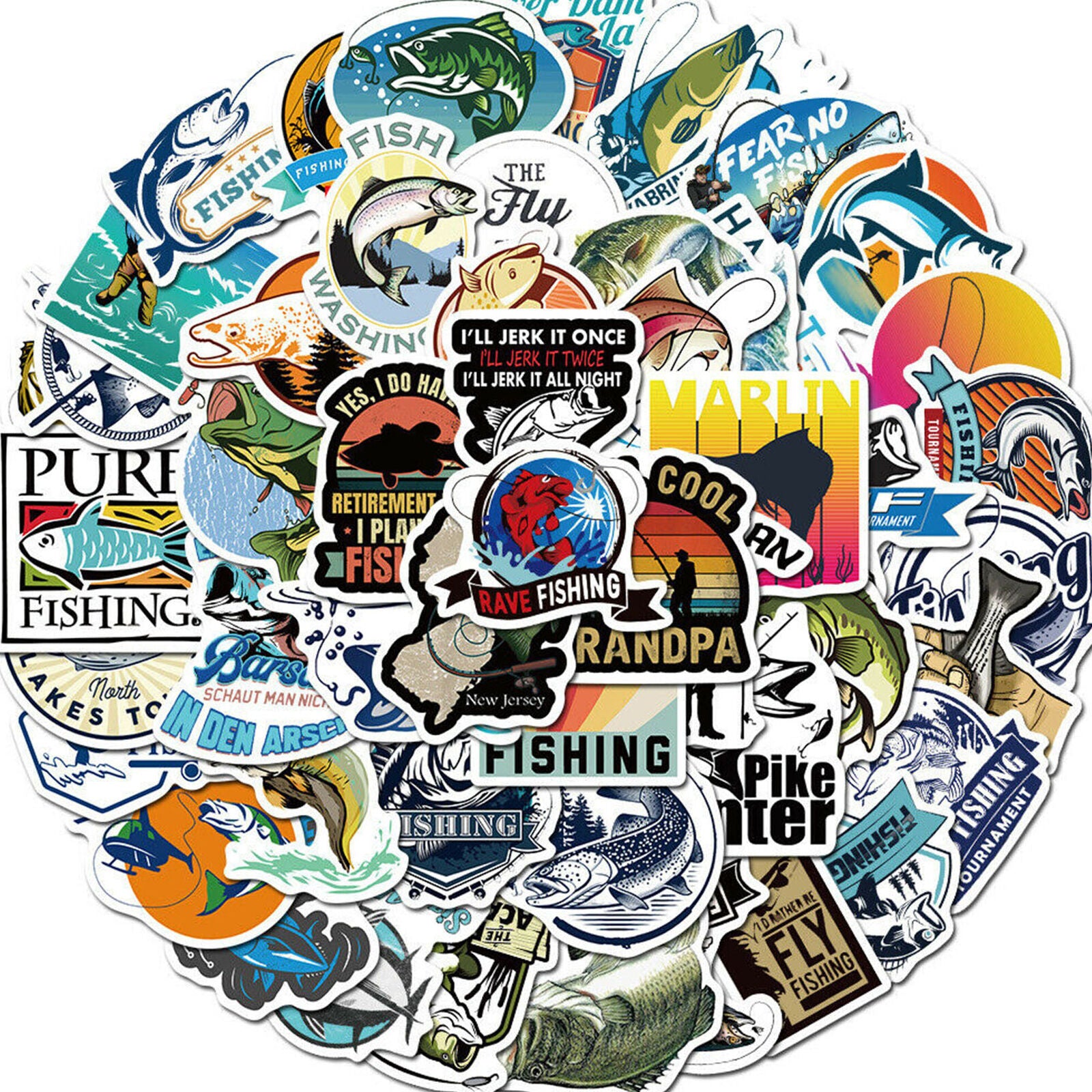 50Pcs Fishing Stickers Vinyl Decals for Laptop Car Water Bottle Guitar Luggage