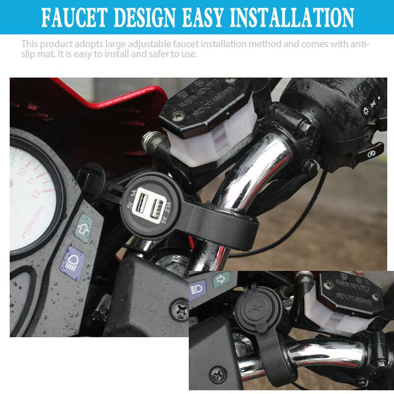 Dual USB 12V /24V Motorcycle Handlebar Charger Socket w/ Mounts Clamp Waterproof