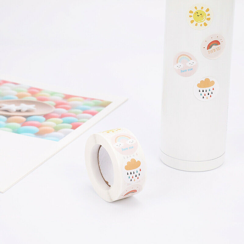 500 Pcs Round Cartoon Thank You Stickers Cute Sun Rainbow Clouds Stick.l8