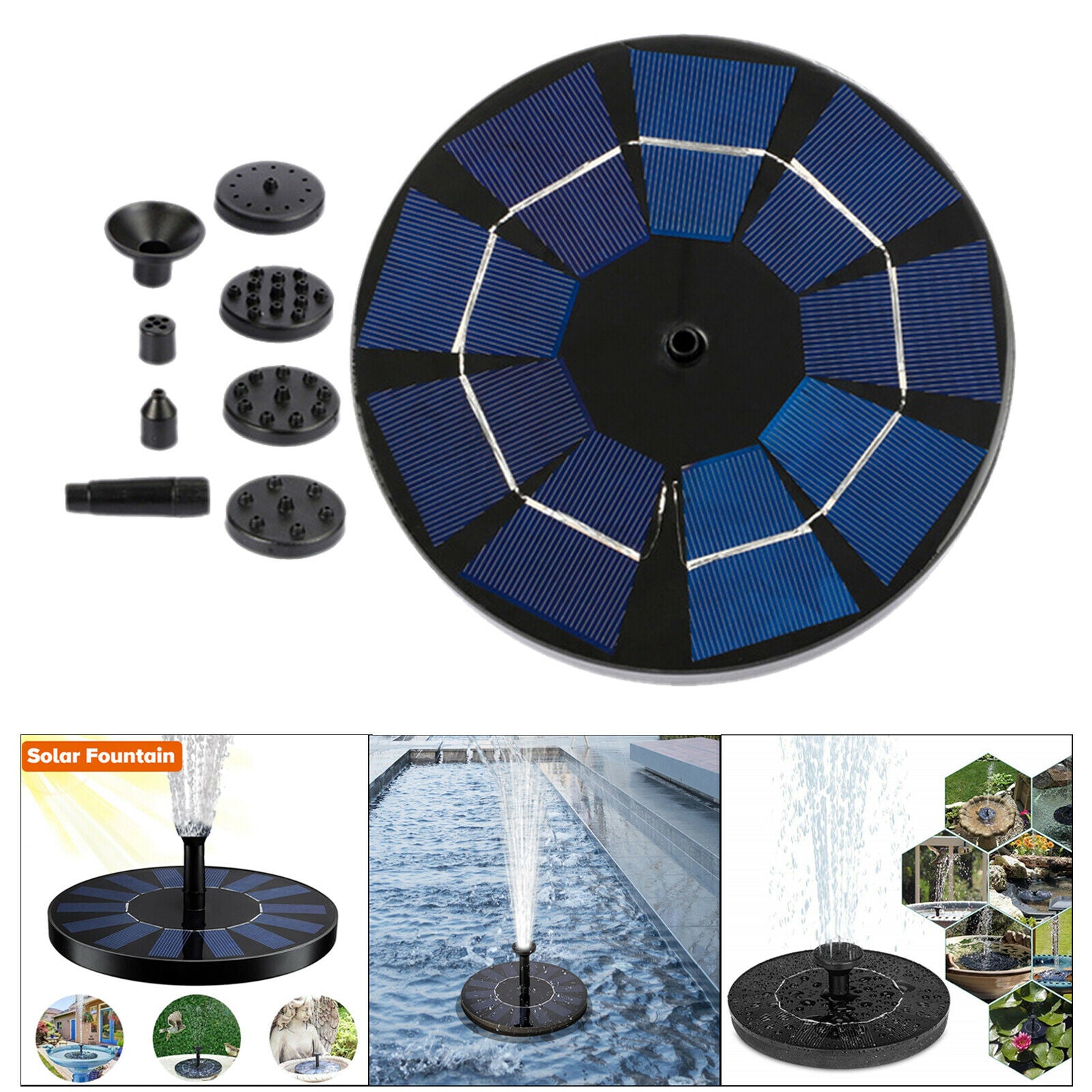 Rechargeable Bird Bath Solar Fountain Free Floating Water Pump with 6 Nozzle