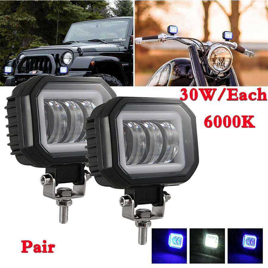 2pcs 12-30V 3.5" Square Car Motorcycle Work Lights DRL Blue Angel Eye w/Brackets