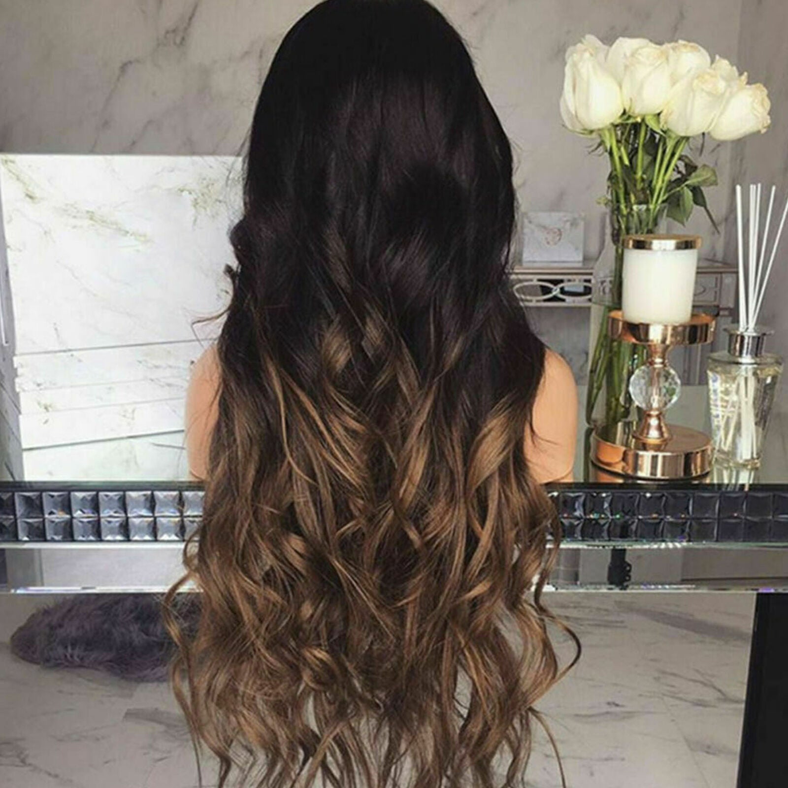 Stylish Long Wavy Wigs Black Brown Ombre Synthetic Full Curly Hair For Women