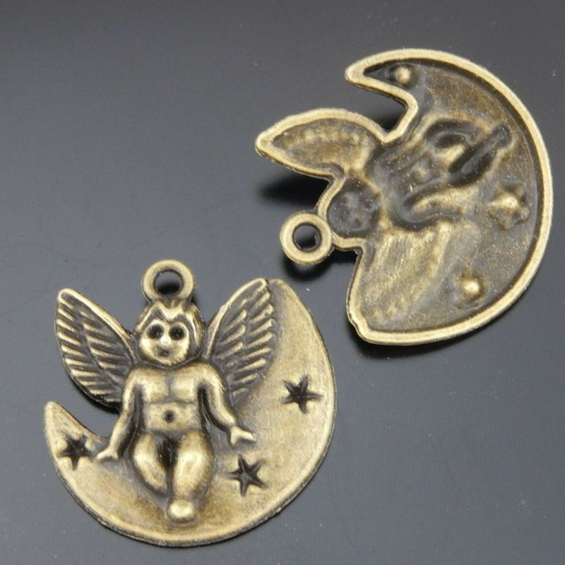 16 pcs Antiqued Bronze Alloy Moon Angel Cute Charm Pendant Findings 22*21*3mm