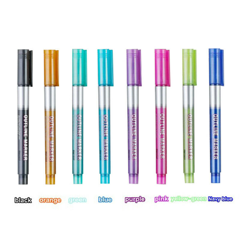 8pc Color Card Writing Drawing Double Line Outline Pen Highlighter Marker P Qx