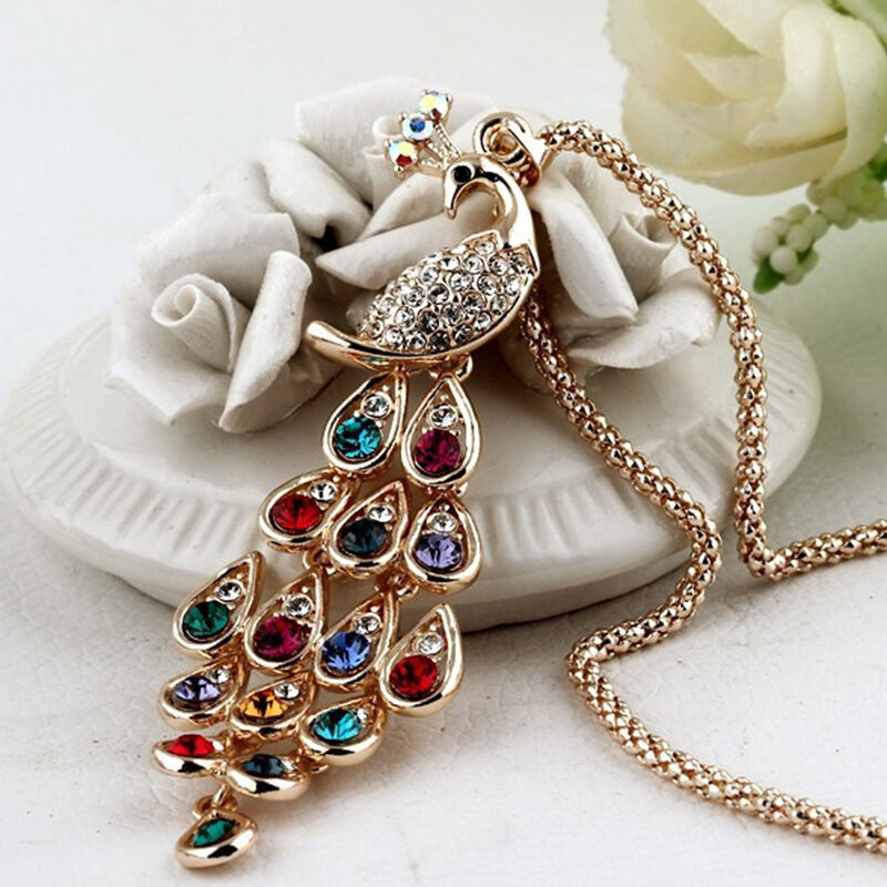 Trendy Peacock Pendants Long Colorful Crystal Necklace for Women Beauty Lt