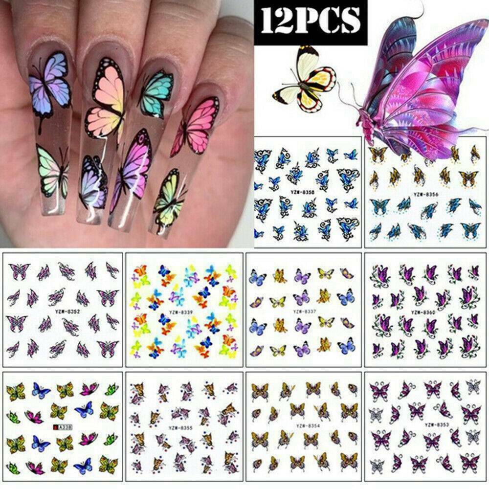 12 Sheets Flower Butterfly Nail Art Water Transfer Decals Colorful Stickers Tips