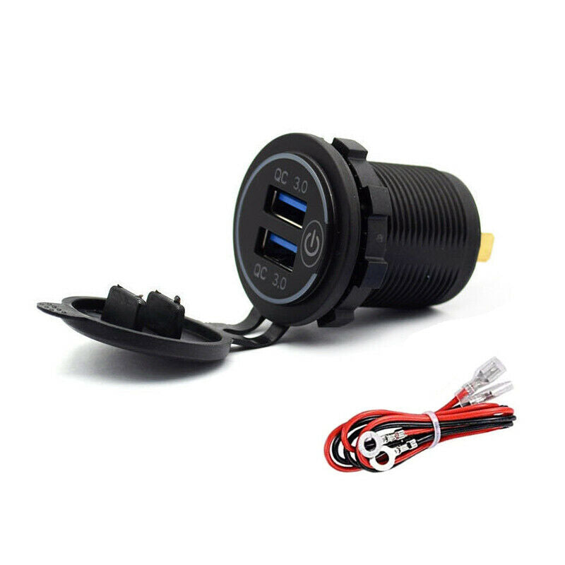 QC3.0 Fast Charging Car Motorcycle Touch Switch Charger Socket Dual USB Port Kit