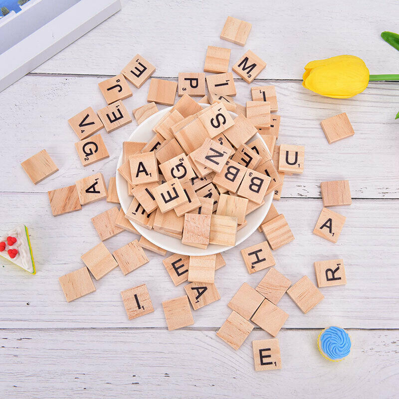 100Pcs Wooden Alphabet Scrabble Tiles Black Letters & Numbers Digital Puzzle Gy
