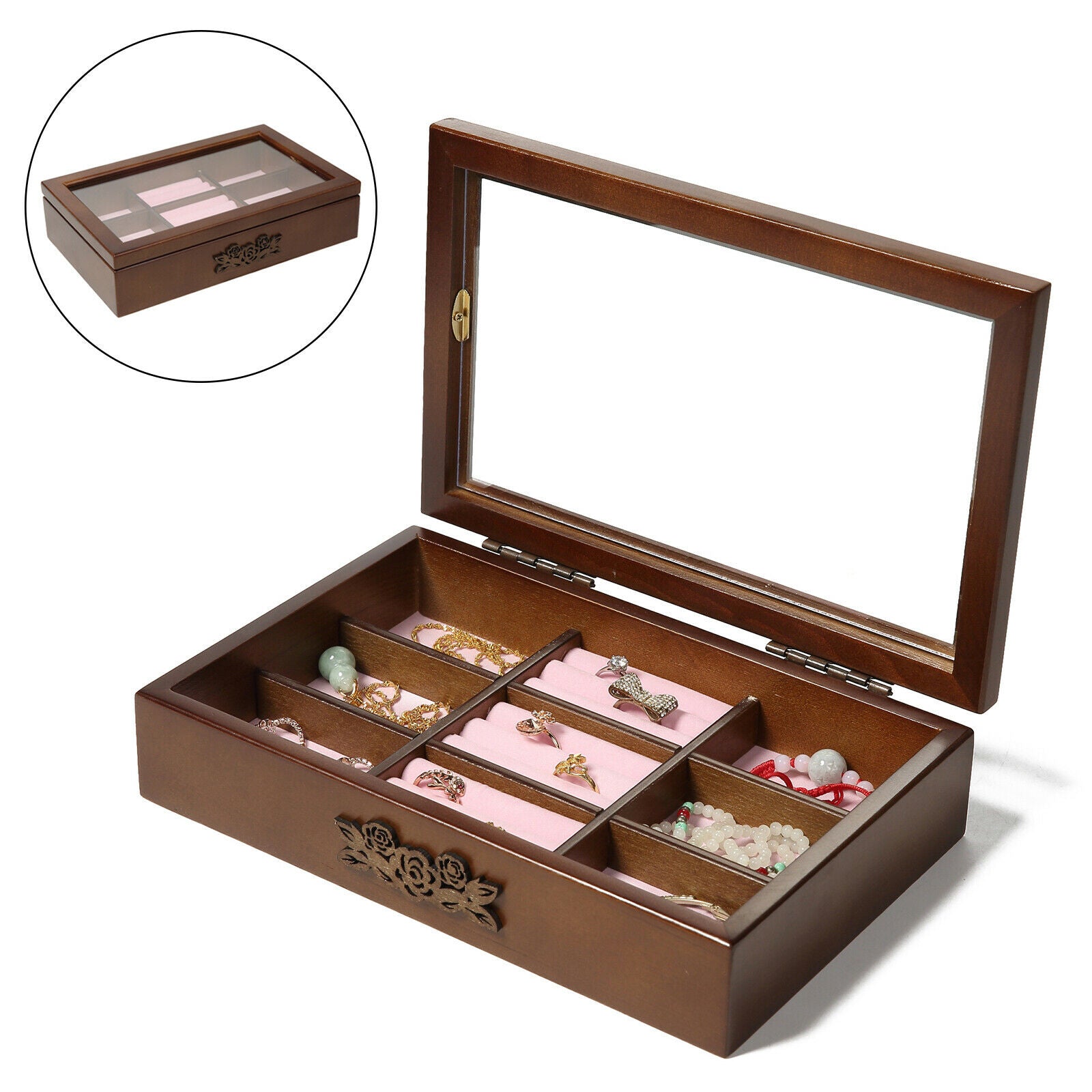 Clear Top Wooden Jewelry Display Box Case Watch Organizer Container Case