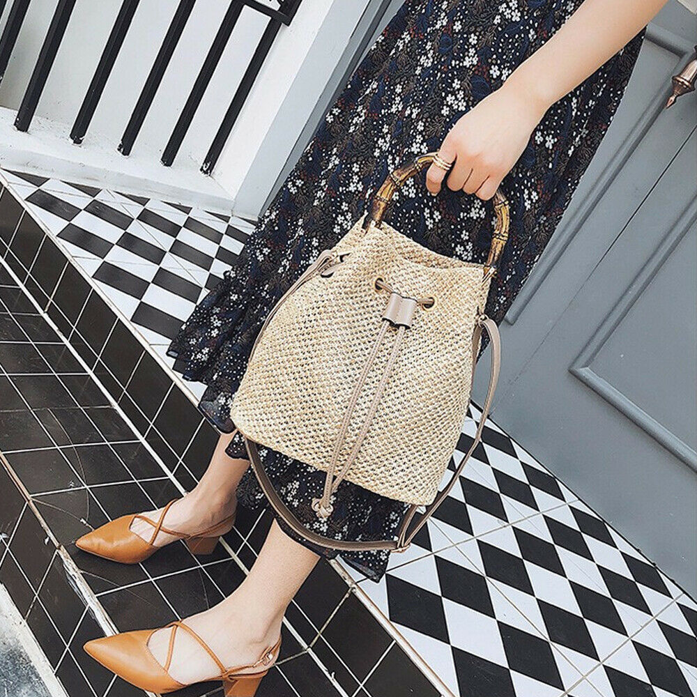 Stylish Draw String Straw Handbags Tote Bench Travel Rttan Women's Shoulder Bags