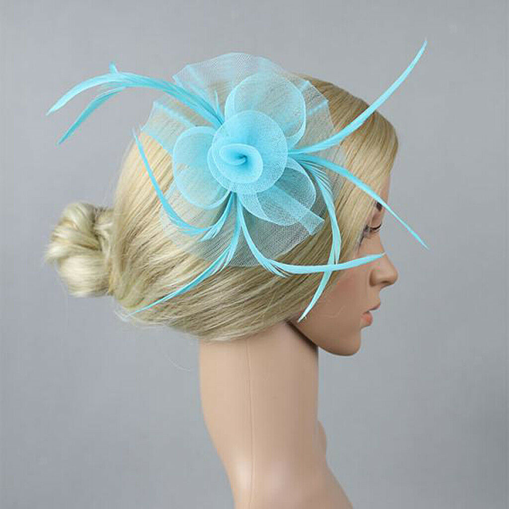 Flower Net Feather Fascinator Beak Clip Wedding Races Fascinator Baby Blue