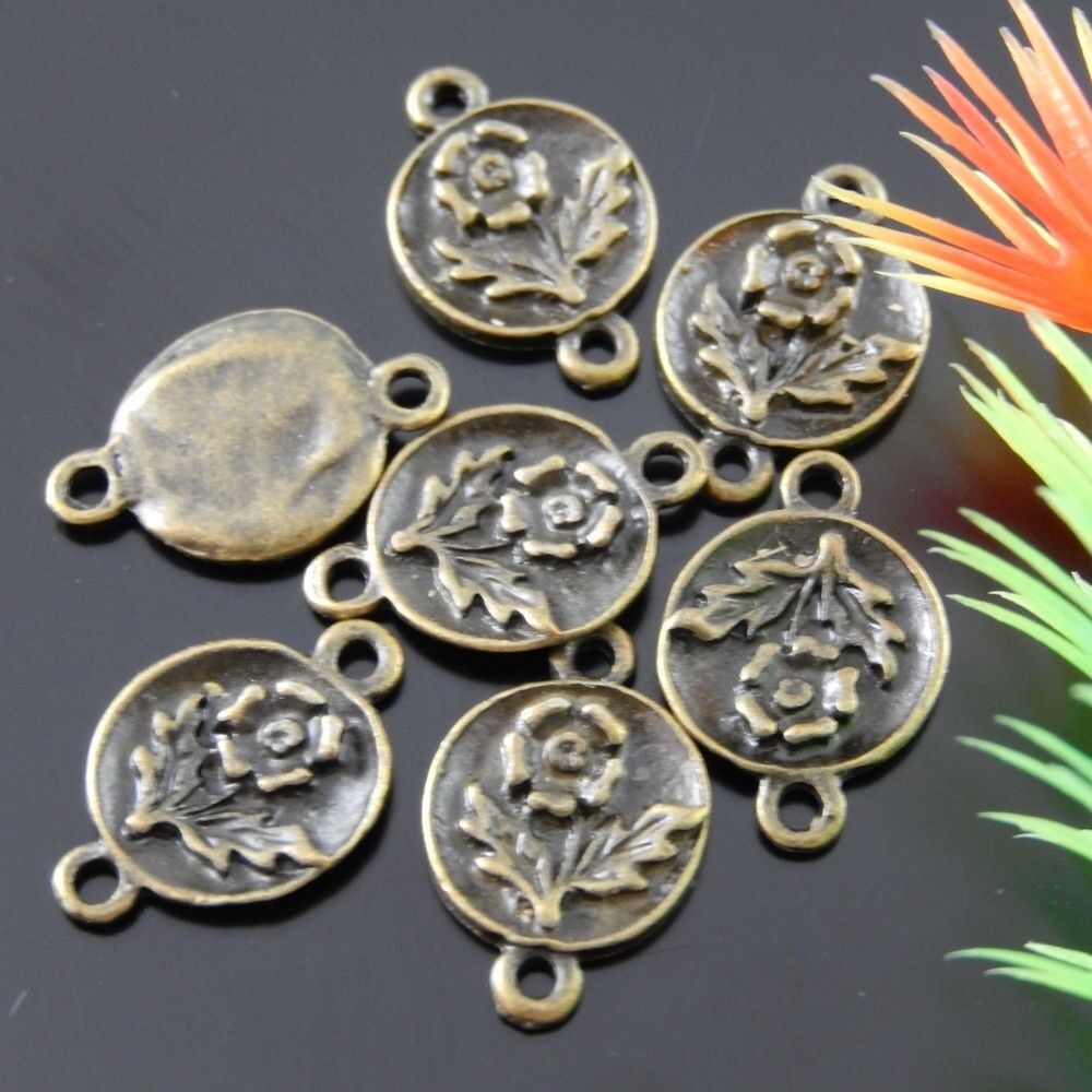 40pcs Antiqued Bronze Alloy Flower Pattern Round Connector Pendant Jewelry Craft