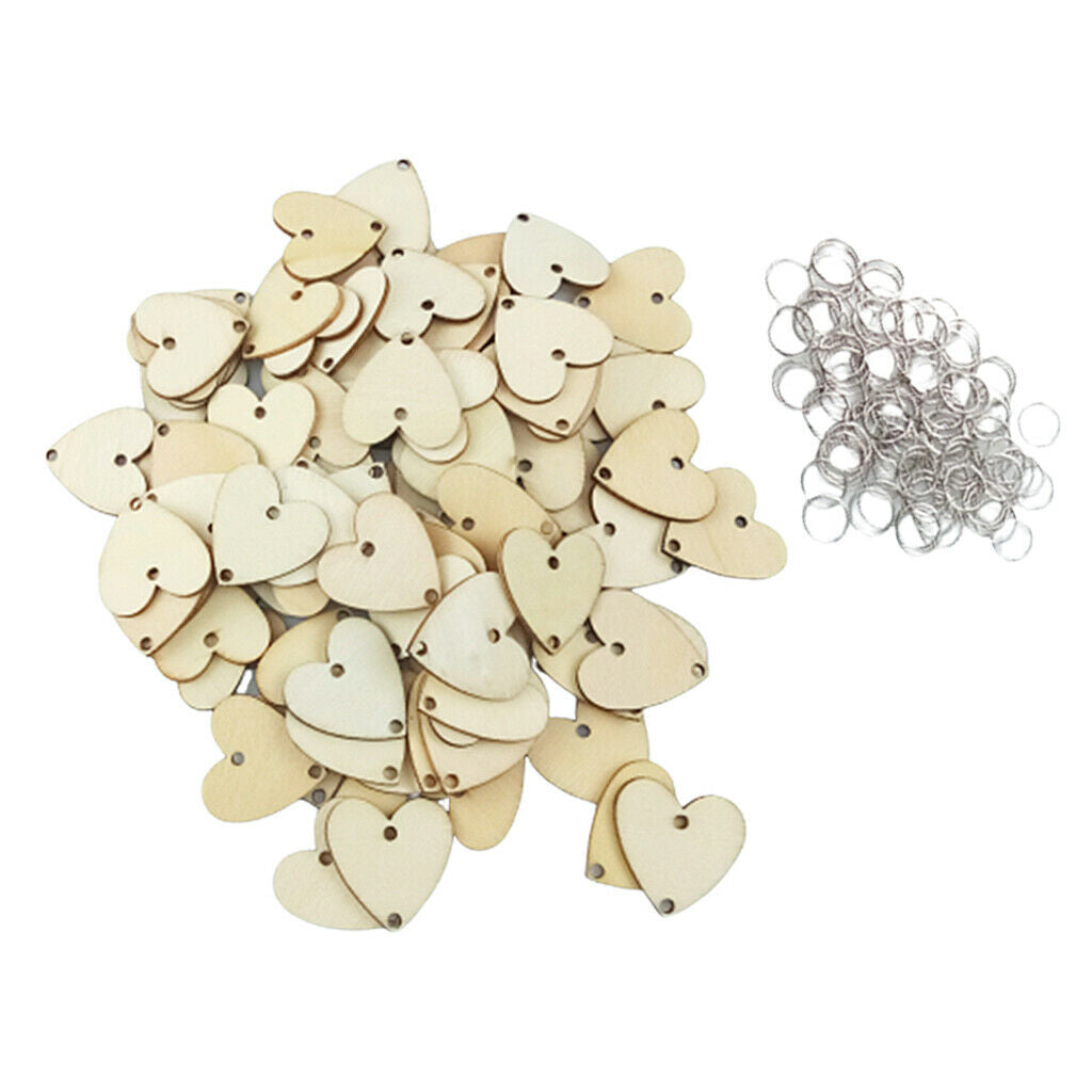 100x Unfinished Wooden Pieces Love Heart Wood Slices Shapes Discs w/ Metal Rings