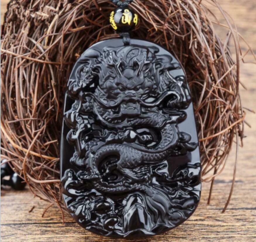 Natural Energy Stone Black Obsidian Chinese Dragon Lucky Amulet Necklace Pendant