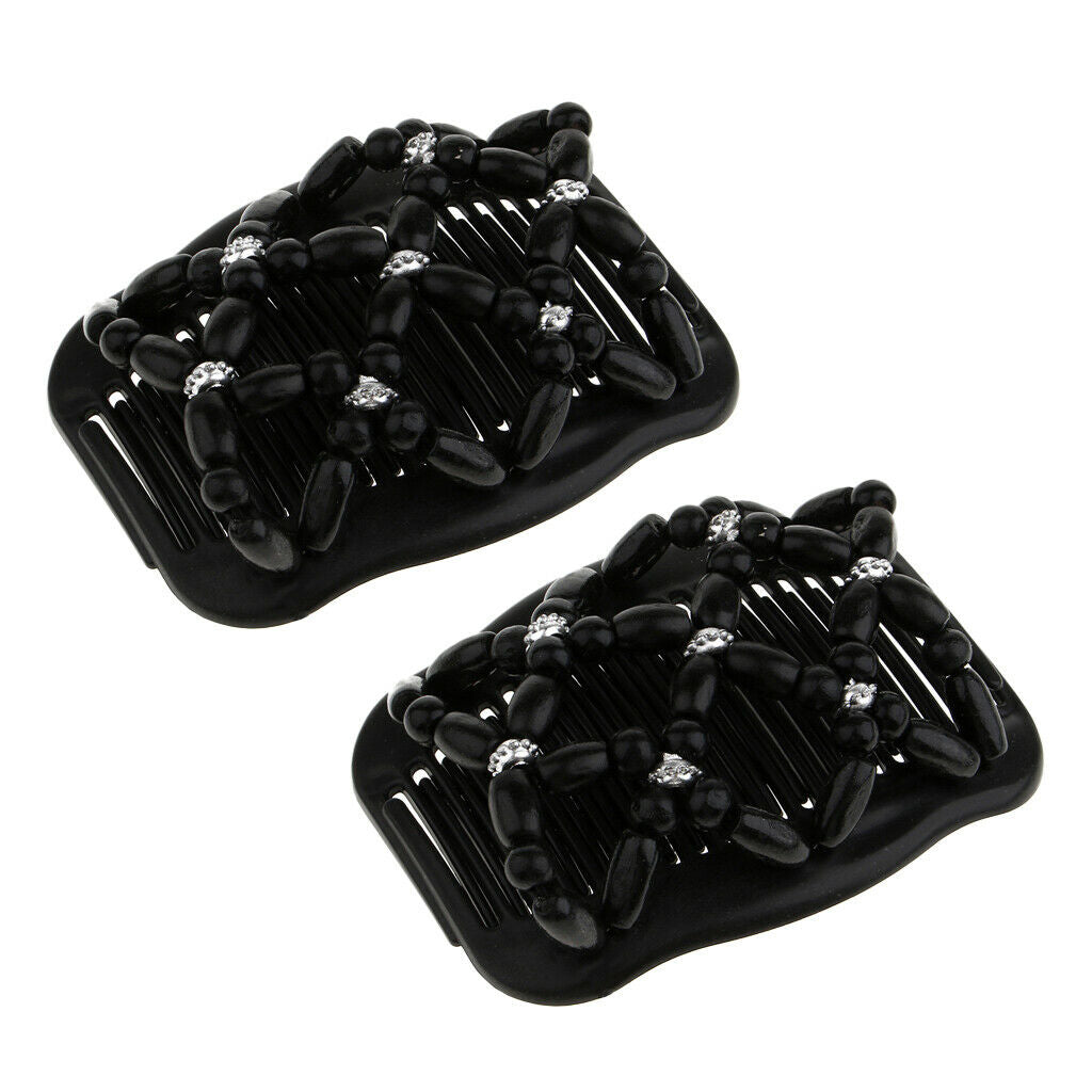 2pcs Black Double Hair Slide Comb Clip Wooden Beaded Elastic Bun Maker Party