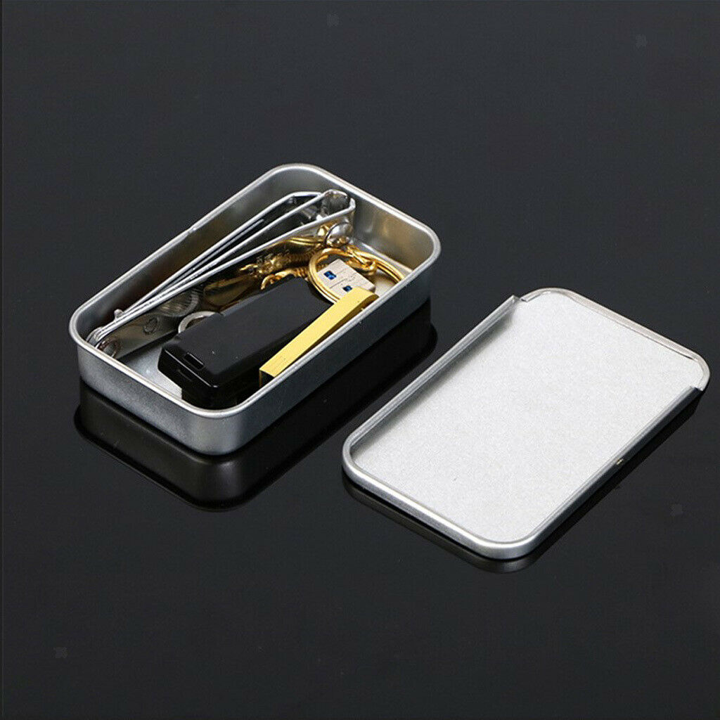 2x Slide Top Tin Rectangular Box Mini Containers Office Small Storage Kit